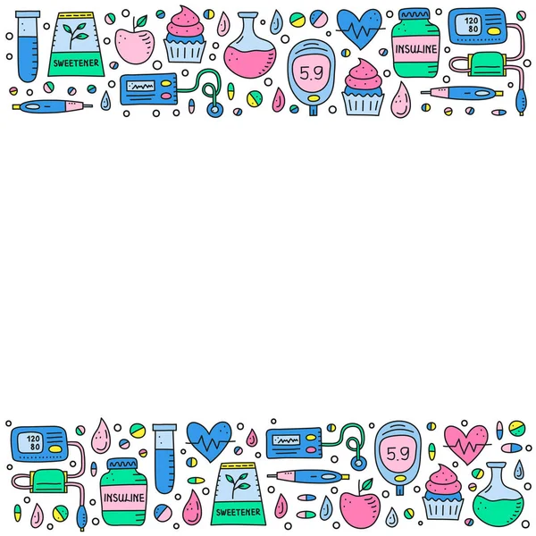 İçinde insülin kalem, pompa, tonometre, kan damlası, glukometre, kek, matara, tatlandırıcı, kalp ve beyaz arka planda izole edilmiş test tüpü bulunan karalama renkli diyabet ürünleri bulunan poster.