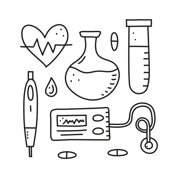 Set Doodle Outline Diabetes Items Including Pills Flask Insulin Pen — Stock Vector