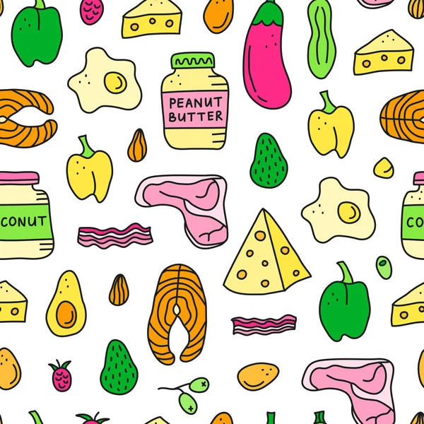 Απρόσκοπτη Μοτίβο Doodle Χρωματιστά Τρόφιμα Για Κετογενετική Διατροφή Συμπεριλαμβανομένων Των — Διανυσματικό Αρχείο