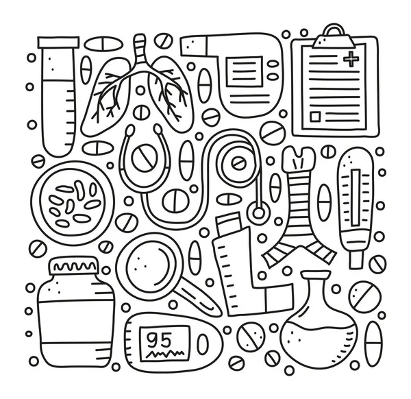 Ciğerler, nefes borusu, spirometre, loupe, bakteri, nabız oksimetresi, pens ölçer, cep spreyi, steteskop gibi karalama çizgisi pulmonoloji öğeleri beyaz arka planda izole edilmiştir..