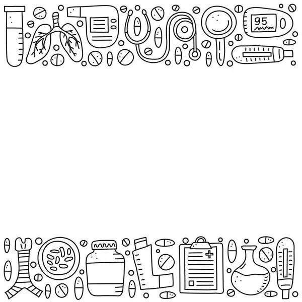 Ciğerler, nefes borusu, spirometre, loupe, bakteri, nabız oksimetresi, pens ölçer, cep spreyi, steteskop ve metin için boşluk dahil olmak üzere karalama ana hatlı pulmonoloji öğeleri içeren poster.