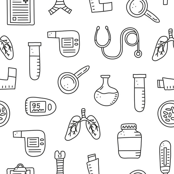 Black and white seamless pattern with doodle outline pulmonology items, including lungs, trachea, spirometer, loupe, bacteria, pulse oximeter, pick flow meter, pocket inhaler, stethoscope.