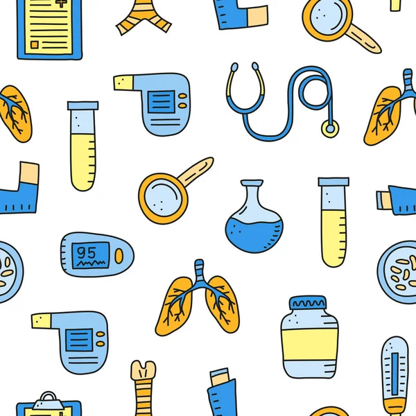 Ciğerler, nefes borusu, spirometre, loupe, bakteri, nabız oksimetresi, pens ölçer, cep spreyi, stetoskop gibi karalama rengi pulmonoloji maddeleriyle kusursuz desen..