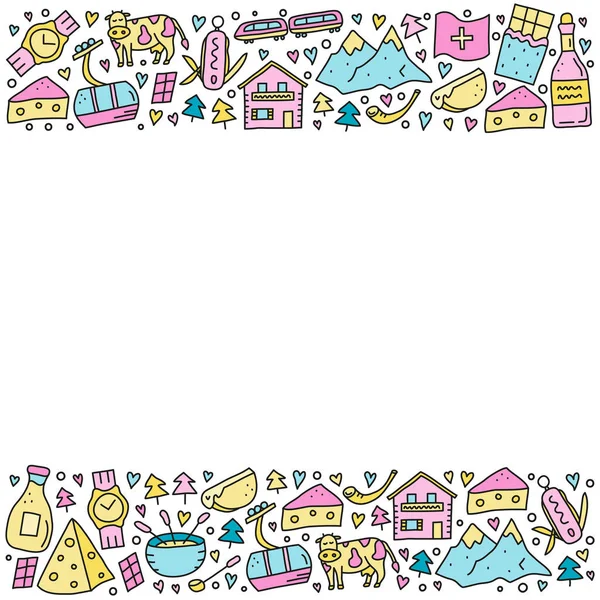 Peynir, çikolata, teleferik, tren, inek, Alp dağları, dağ evi, fondü, alphorn, şarap, süt vb. dahil olmak üzere renkli İsviçre seyahat ikonlarının olduğu bir poster. Metin için boşluk.