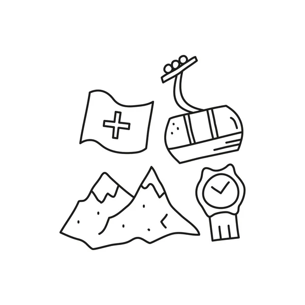 Groepen Doodle Overzicht Zwitserland Reizen Pictogrammen Waaronder Kabelbaan Alpenbergen Vlag — Stockvector
