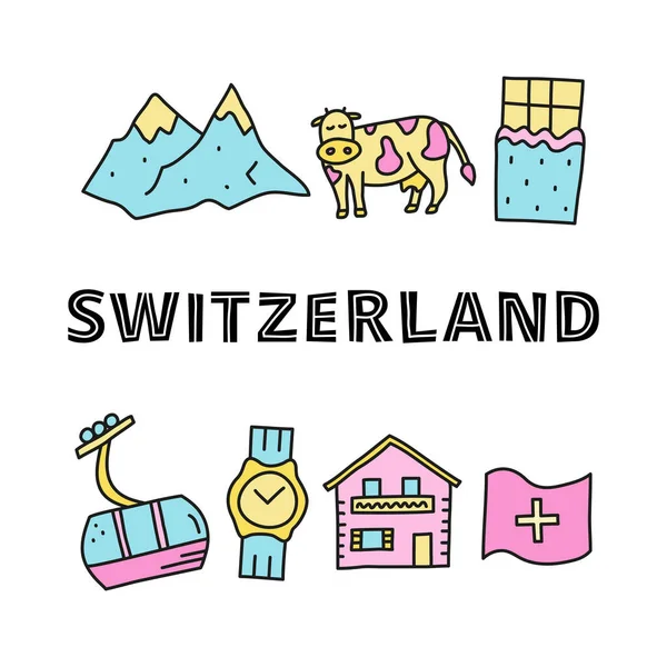 Çikolata, teleferik, inek, Alp dağları, dağ evi, kol saati, bayrak ve beyaz arka planda izole edilmiş harfler içeren karalama renkli İsviçre seyahat simgelerinin olduğu bir poster..