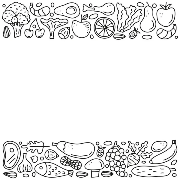 Beyaz arka planda balık, et, sebze, yumurta, yağ, fındık, böğürtlen ve boş alan içeren karalama paleo gıdaların olduğu bir poster..