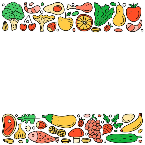 Poster Met Doodle Gekleurde Paleo Voedingsmiddelen Inclusief Vis Vlees Groenten — Stockvector