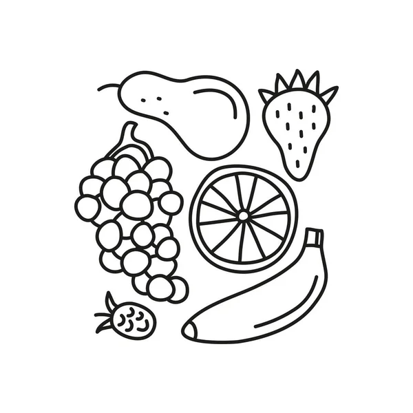 落書きアウトラインブドウ イチゴ バナナ オレンジ ラズベリー白の背景に隔離された 果物や果実のグループ — ストックベクタ