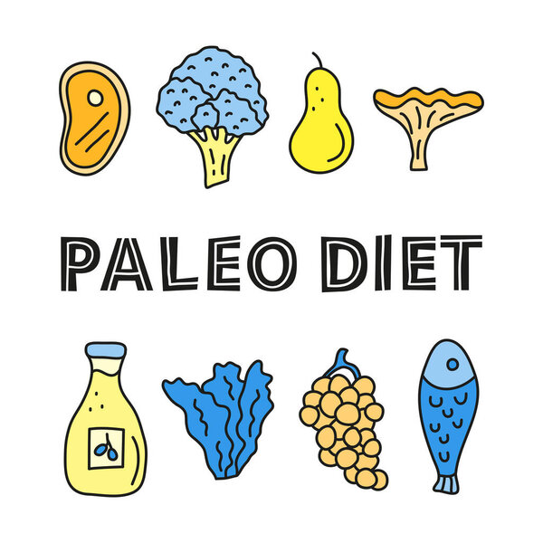 Poster with lettering paleo and doodle colored foods including meat steak, broccoli, pear, chanterelle mushroom, olie oil, leafy salad, grape, fish isolated on white background.
