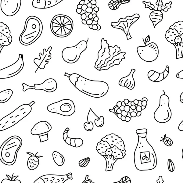 Balık, et, sebze, yumurta, yağ, fındık, böğürtlen dahil olmak üzere karalama paleo gıdaları ile siyah ve beyaz desenli. Paleolitik beslenme.