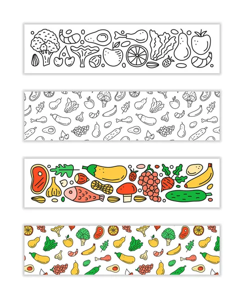 Banderas Horizontales Con Alimentos Paleolíticos Doodle Incluyendo Pescado Carne Verduras — Vector de stock