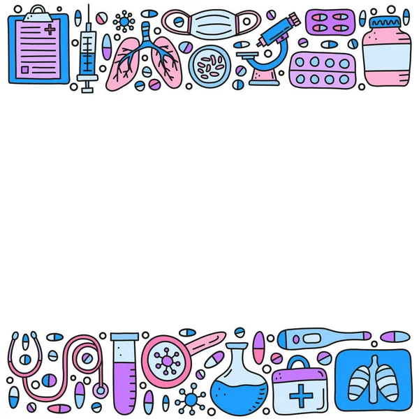 Ciğerleri x-ray, tıbbi maske, mikroskop, termometre, şırınga, loupe, bakteri, cep spreyi ve beyaz arka planda izole edilmiş boş alan gibi karalama renkli tüberküloz ürünleri içeren posterler..