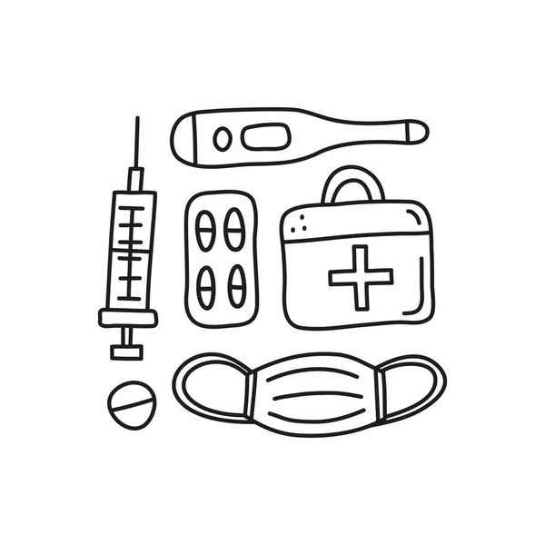 Group Simple Doodle Outline Medical Icons Including First Aid Kit — Stock Vector