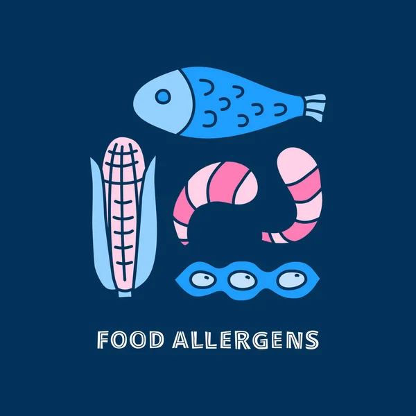 Grupo Ícones Alergénios Alimentares Coloridos Doodle Incluindo Peixes Camarões Milho —  Vetores de Stock