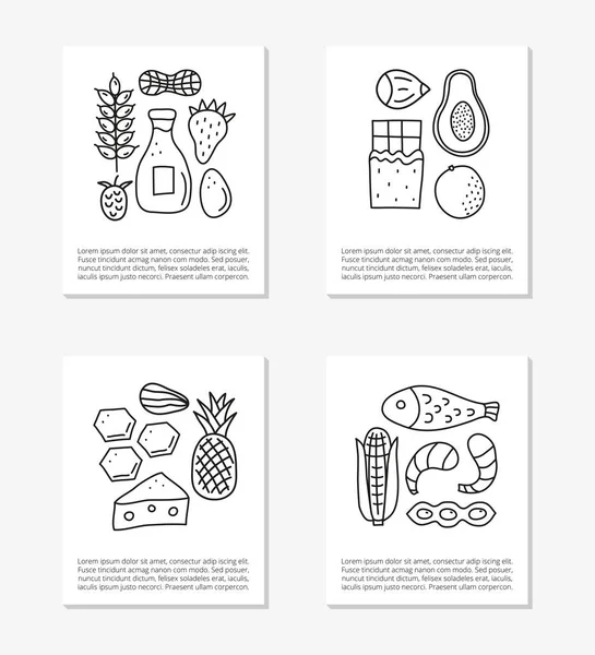 Las Tarjetas Con Garabatos Describen Los Iconos Los Alérgenos Alimentarios — Vector de stock