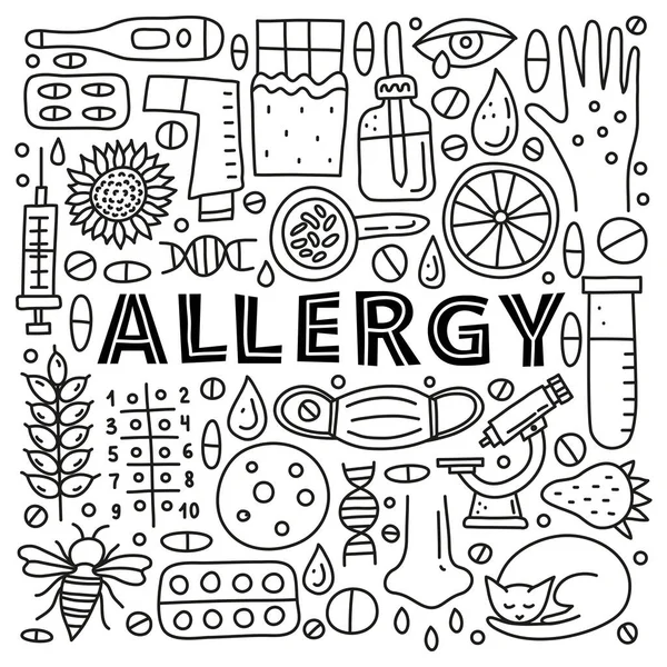 Poster Lettering Doodle Outline Allergy Icons Including Skin Rash Runny — Stock Vector