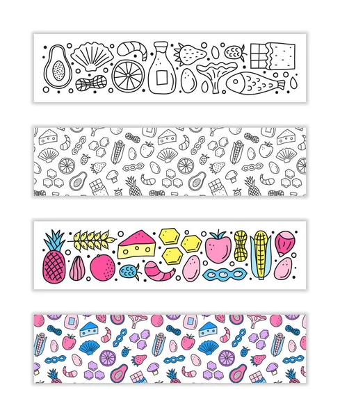 Bandeiras Horizontais Com Ícones Alérgenos Doodle Food Incluindo Peixe Frutos — Vetor de Stock