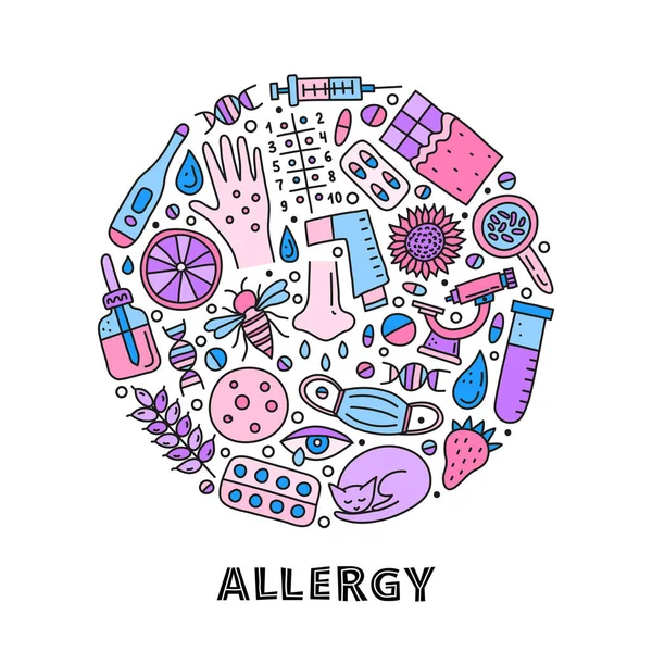 Doodle Colored Allergy Icons Including Skin Rash Runny Eye Mask — Stock Vector