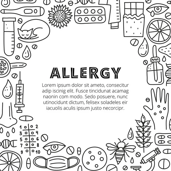 Affisch Med Bokstäver Och Klotter Kontur Allergiikoner Inklusive Hudutslag Rinnande — Stock vektor