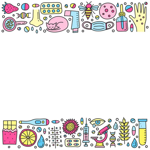 Beyaz arka planda cilt isiliği, akışkan göz, maske, kedi, bal arısı, mikroskop, dnk, pipet şişesi, şırınga, vb. Metin için boşluk.