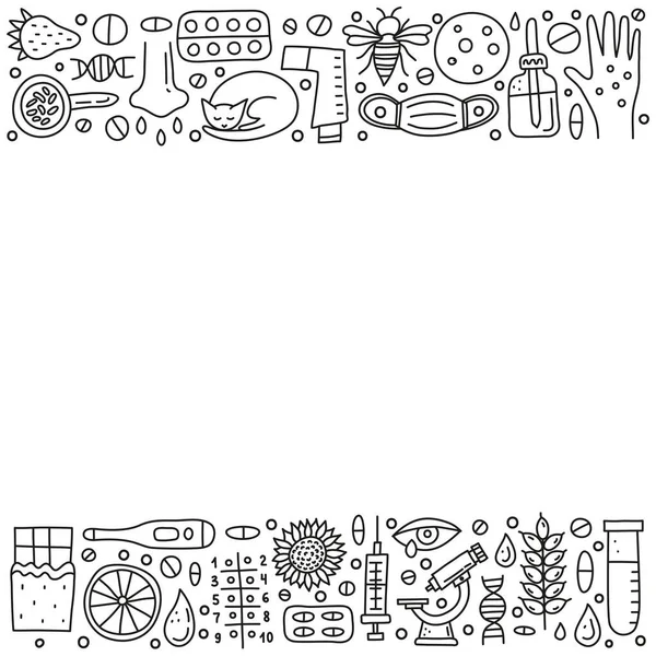 Beyaz arka planda izole edilmiş metinler için karalama ana hatlı alerji simgeleri, cilt isiliği, akışkan göz, maske, kedi, bal arısı, mikroskop, dnk, pipet şişesi, şırınga, termometre ve boşluk içeren poster.