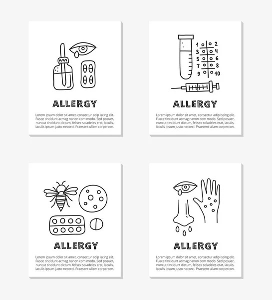 Cartes Avec Contour Doodle Icônes Allergie Compris Éruption Cutanée Écoulement — Image vectorielle
