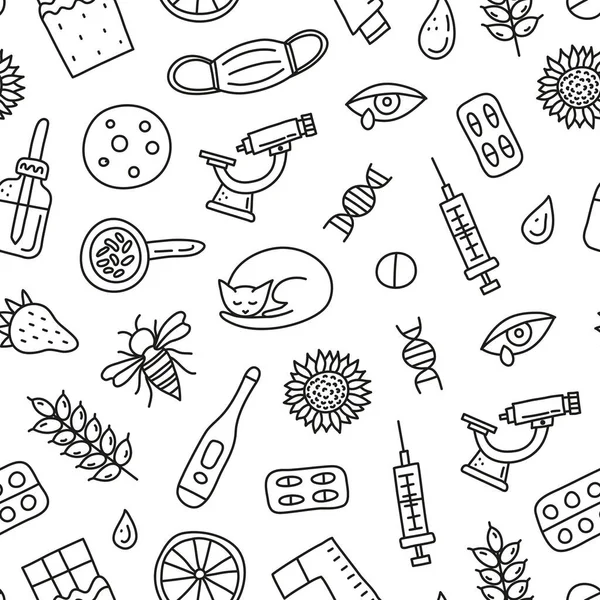 Black White Seamless Pattern Doodle Outline Allergy Icons Including Skin — Stock Vector
