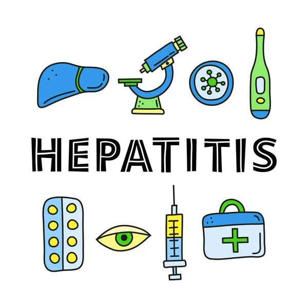 Karaciğer, mikroskop, virüs, termometre, tablet, su toplaması, göz, şırınga, beyaz arka planda izole edilmiş ilk yardım çantası içeren harf ve karalama renkli hepatit medikal ikonları içeren bir poster..