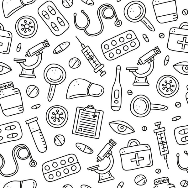 Black and white seamless pattern with doodle colored hepatitis medical icons including liver, microscope, syringe, test tube, eye, first aid kit, stethoscope loupe, virus.