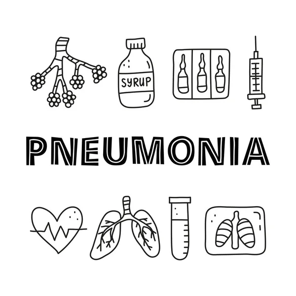 Harf ve karalama pnömoni ikonları içeren poster alveol, ciğerler, x-ray, öksürük şurubu, kalp, aşı ampulleri, test tüpü, beyaz arka planda izole edilmiş şırınga.