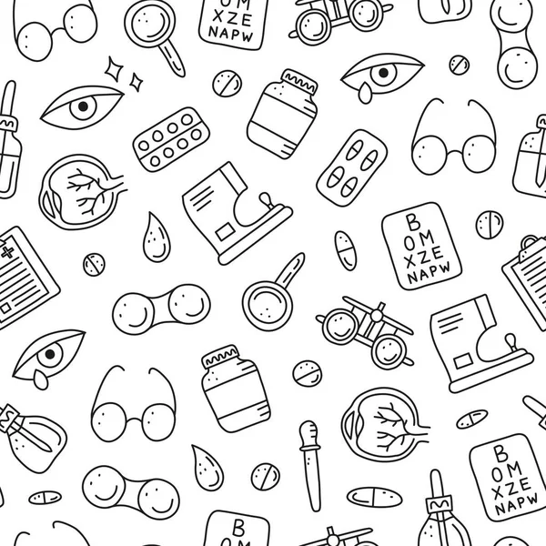 Pürüzlü göz, pipo şişesi, kornea, boş pano, lens kutusu, gözlük, otomatik fraktometre gibi çizgili göz ikonlarıyla siyah ve beyaz desenli..