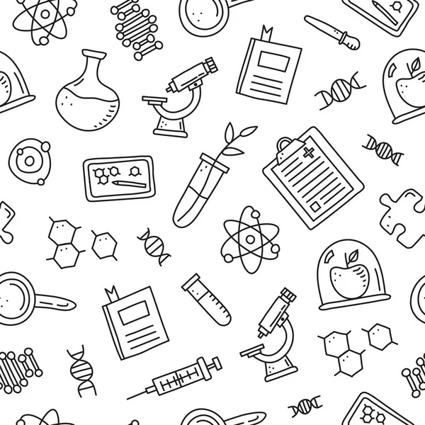 DNA, mikroskop, şırınga, boş pano, molekül, test tüpünde bitki, bulmaca, kitap, tablet gibi genetik mühendislik simgeleriyle siyah ve beyaz desenli..