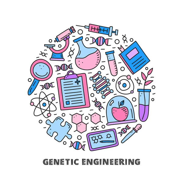 Doodle Färgade Genetiska Ingenjörsikoner Inklusive Dna Mikroskop Spruta Blank Urklipp — Stock vektor