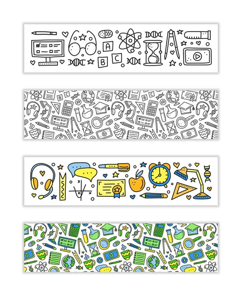 Banners Com Educação Doodle Ícones Learning Incluindo Computador Telefone Régua — Vetor de Stock