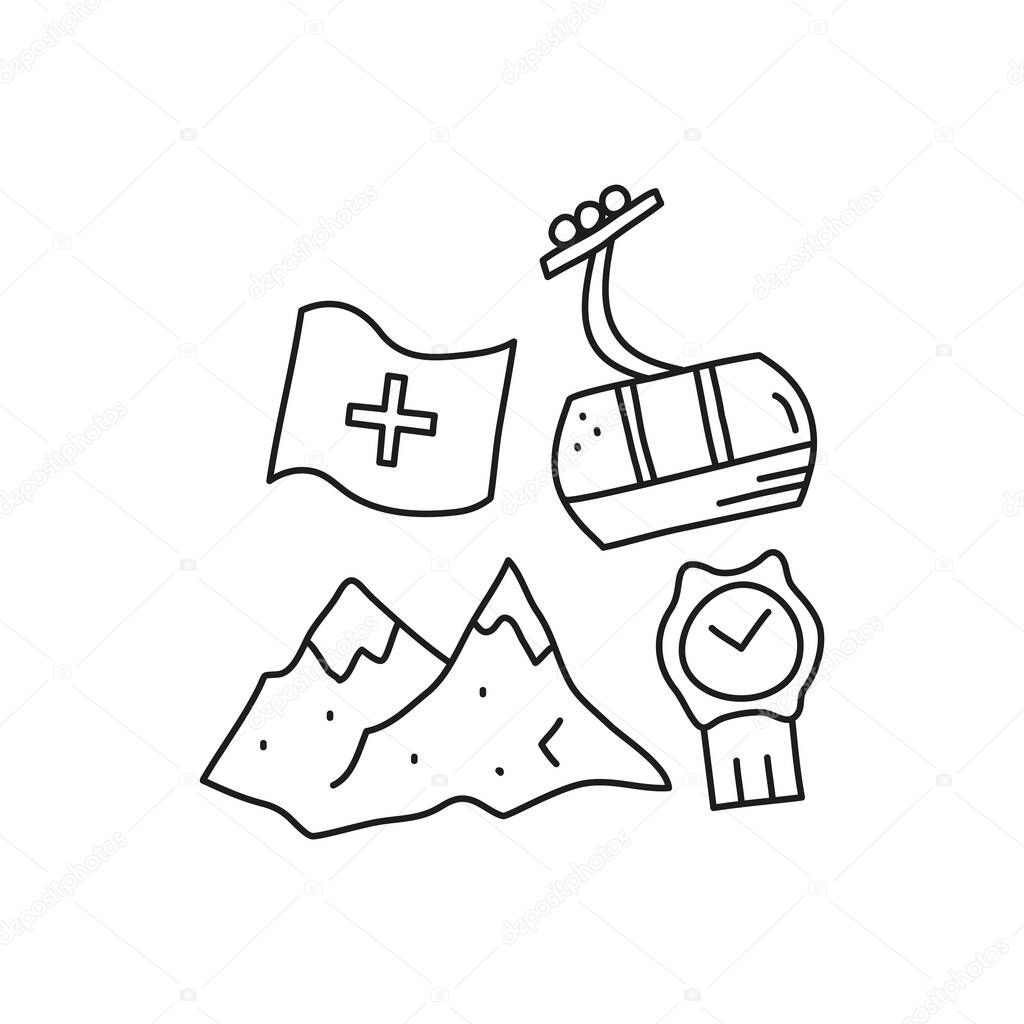 Groups of doodle outline Switzerland travel icons including cable car, Alpine mountains, flag, wrist watch isolated on white background.