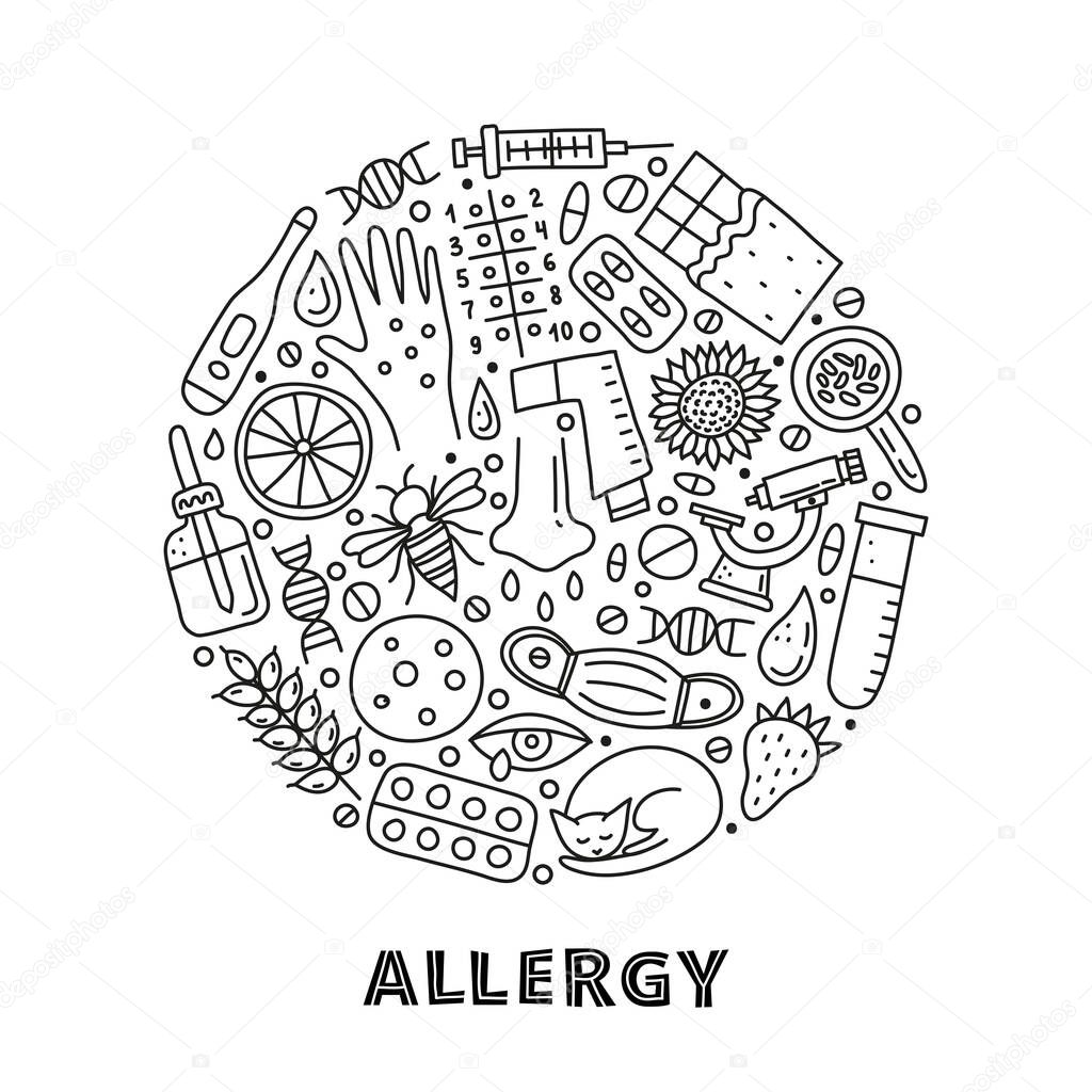 Doodle outline allergy icons including skin rash, runny eye, mask, cat, honey bee, microscope, dnk, pipette bottle, syringe, thermometer composed in circle shape.