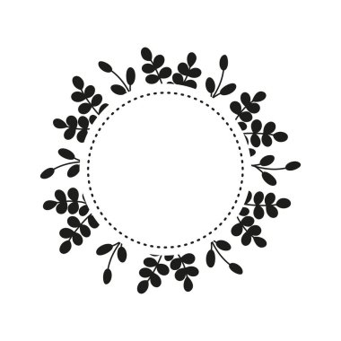 Yuvarlak çelenk, basit karalama siyah ve çizgili yapraklı dallar, yabani otlar, bitkiler, beyaz arkaplanda izole edilmiş metin için boş alan.