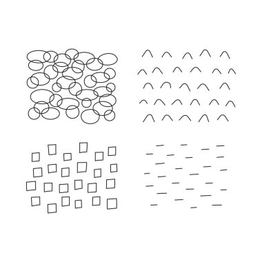 Set of scribble abstract doodle textures isolated on white background. Freehand inky squares, lines, ovals. clipart