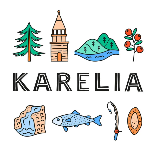 Póster Con Letras Garabatos Color Karelia Iconos Incluyendo Campanario Kizhi — Archivo Imágenes Vectoriales