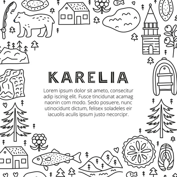 Póster Con Letras Bosquejo Garabatos Iconos Karelia Incluyendo Lago Cascada — Archivo Imágenes Vectoriales