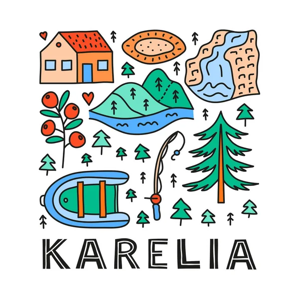 Póster Con Letras Garabatos Color Karelia Iconos Incluyendo Cascada Rocas — Archivo Imágenes Vectoriales