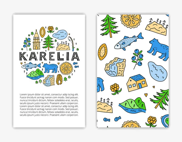 Plantillas Tarjetas Con Letras Garabatos Color Karelia Iconos Incluyendo Lago — Archivo Imágenes Vectoriales