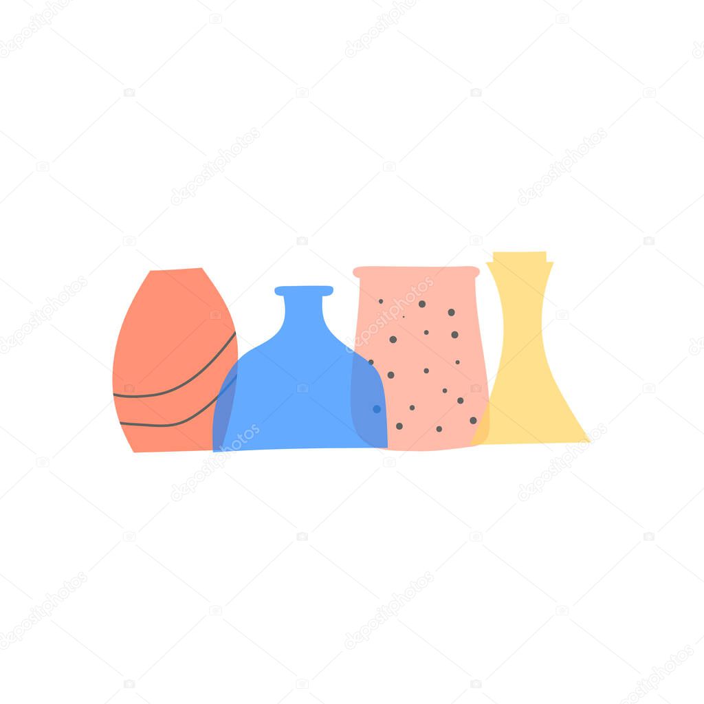 Group of doodle colorful vases in minimalism style with dots, stripes isolated on white background.