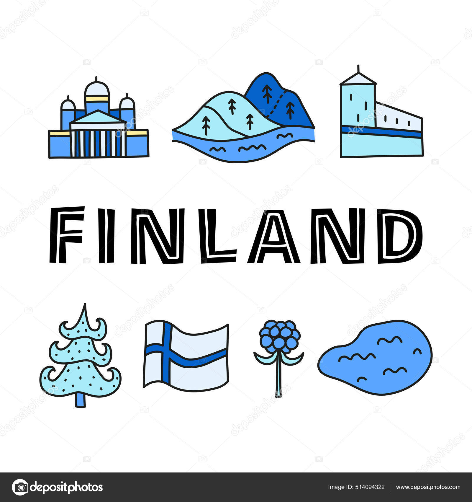 Poster Lettering Doodle Colored Finland Icons Including Helsinki Cathedral  Lake Stock Vector by ©Minur 514094322, image size:1600x1700