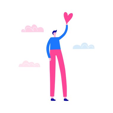 Düz renkli erkek karakteri beyaz arka planda izole edilmiş bir kalp sembolü tutuyor..