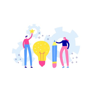 Beyaz arka planda dev bir ampulün yanında duran küçük erkek ve kadın karakterler. Fikir beyin fırtınası. Yaratıcı düşünce.