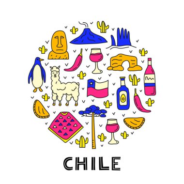Doodle renkli Şili ikonları arasında Paskalya adası heykeli, Villarrica yanardağı, araucaria ağacı, börek, penguen, panço, alpaka, avokado yağı yer alıyor..