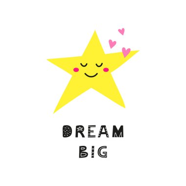 İskandinav tarzında karalama yapan mutlu yıldız karakteri ve harfleri olan bir poster..