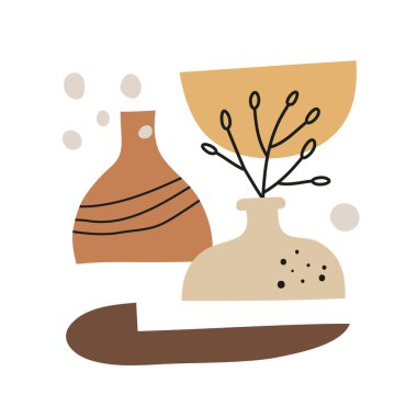 Beyaz zemin üzerinde vazolar, bitki ve geometrik şekiller bulunan soyut çağdaş kolaj sanatı. Kahverengi ve pastel renkli orta yüzyıl posteri.